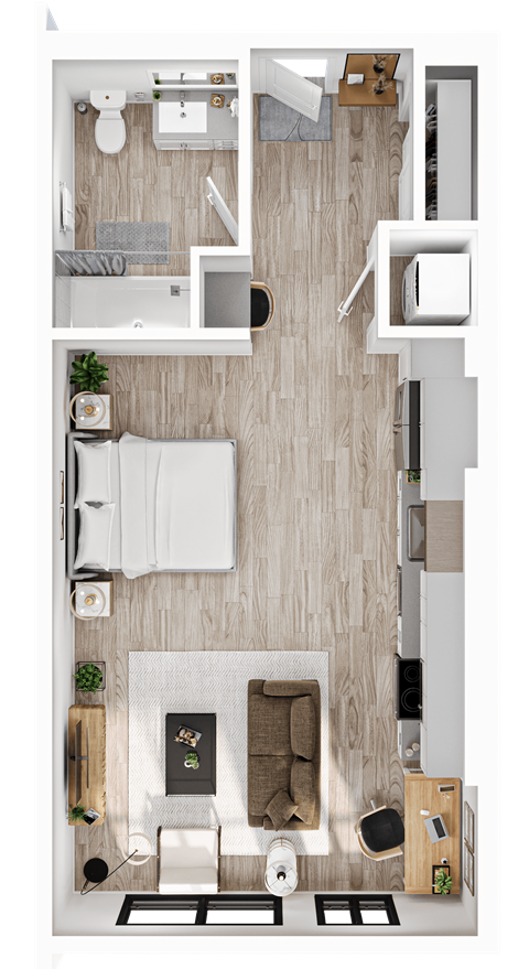 a floor plan of a bedroom with a bathroom and a living room